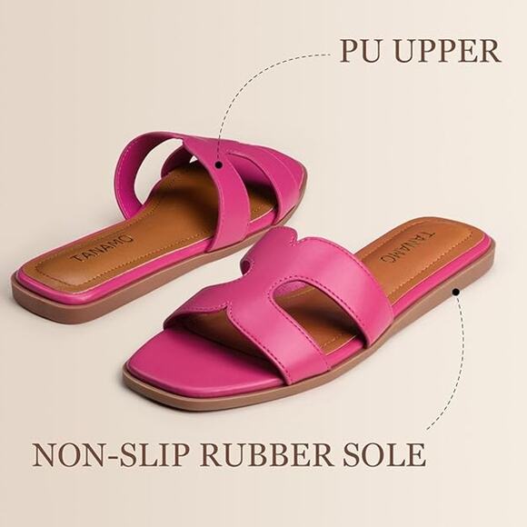 Tanamo Women's Sandals Girls Slides Narrow Dressy Flat Square Open Toe Pink SZ 7 - Picture 4 of 6